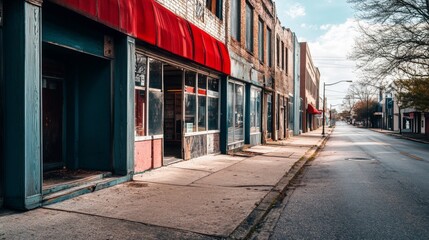 Fototapeta premium Empty storefronts with red awning on a quiet street