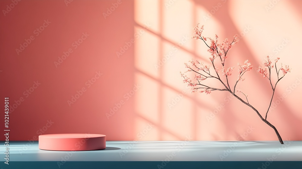 Poster minimalist 3d studio room setting with an background a simple podium display and natural light strea