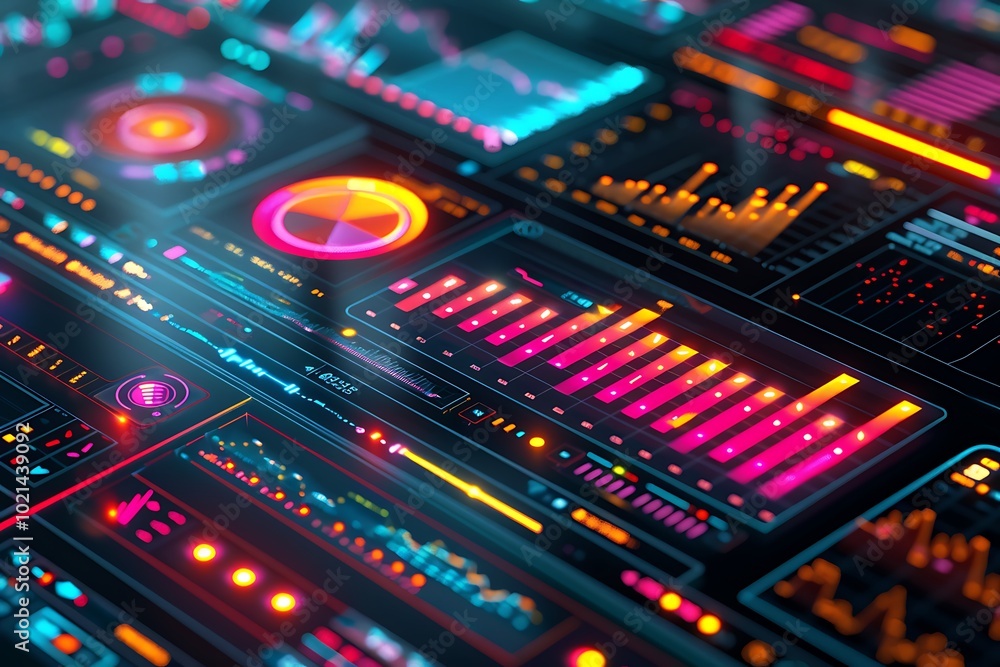 Poster a digital rendering of a futuristic financial interface with floating holographic data analytics and
