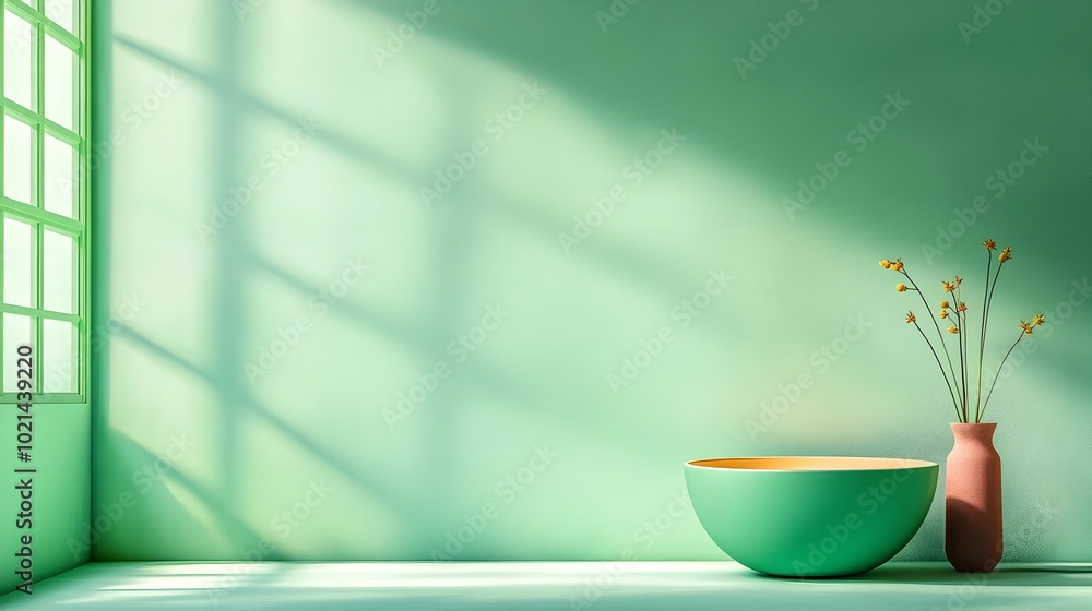 Poster minimalist 3d studio room setting with sage green background empty floor and wall and a product podi