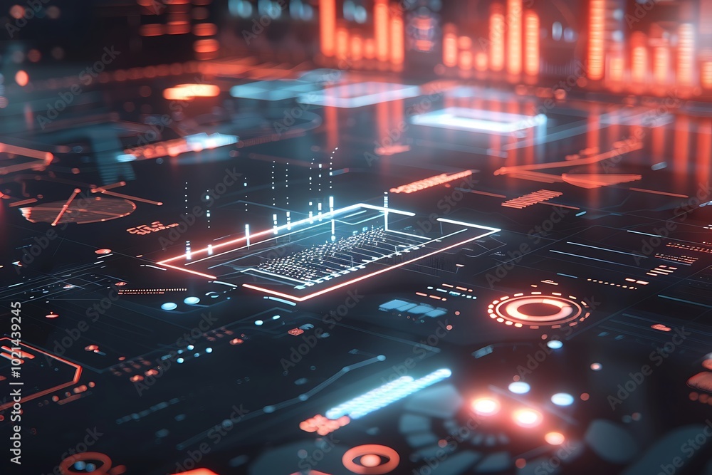 Poster a digital rendering of a futuristic financial interface with floating holographic data analytics and