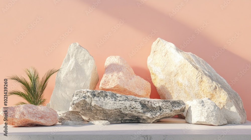 Poster Abstract geometric background featuring stone and rock shapes serving as a minimalist mockup for podium display or showcase rendered in 3D