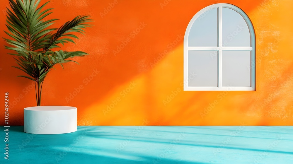 Aufkleber 3d rendering of a modern minimalist studio room featuring a terracotta colored backdrop an empty flo