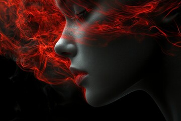 A Woman's Face Partially Obscured by Red Smoke