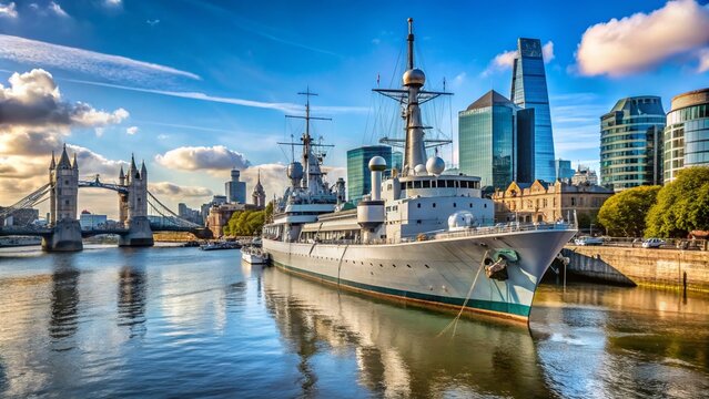 Historic HMS Belfast Museum Ship Docked on the River Thames in London with Clear Blue Skies Above