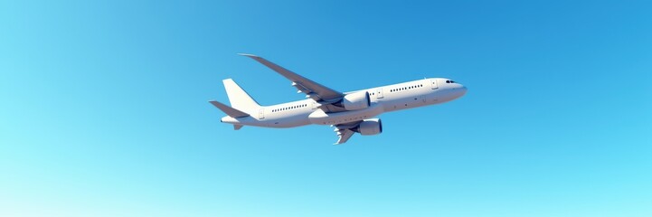 A sleek commercial airplane soaring through a clear blue sky, representing travel, adventure, and the aviation industry.