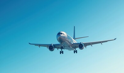 Obraz premium A commercial airplane flying against a clear blue sky, symbolizing travel, connectivity, and the aviation industry.