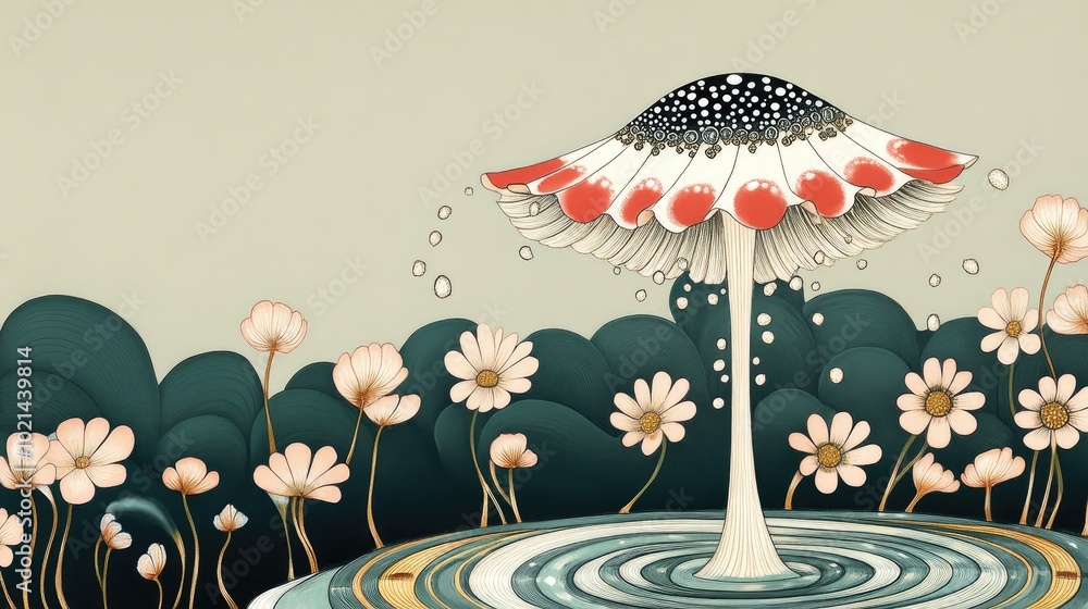 Poster a pink and white water droplet descends into a golden pool creating ripples and a splash resembling 