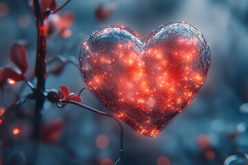 Heart Shaped Digital Network with Glowing Lines