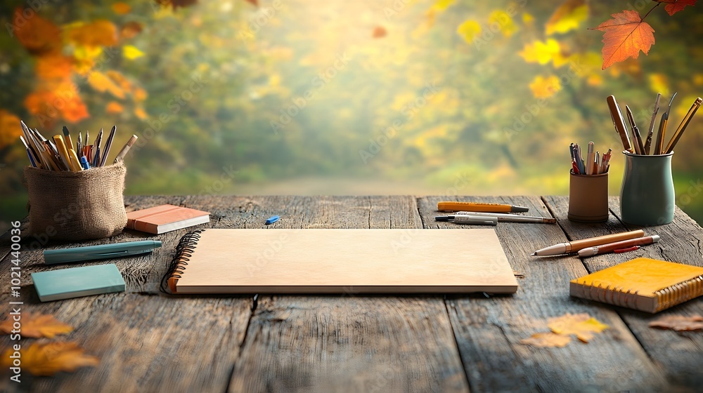 Poster rustic wooden table or workstation featuring an array of writing implements sketchpads and study mat