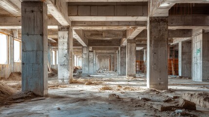 Fototapeta premium Unfinished Concrete Building Interior with Exposed Columns