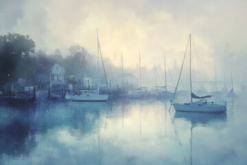 Sailboats at dock in morning mist.