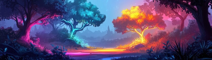 A vibrant and captivating digital landscape featuring colorful trees and mystical surroundings that evoke a sense of wonder