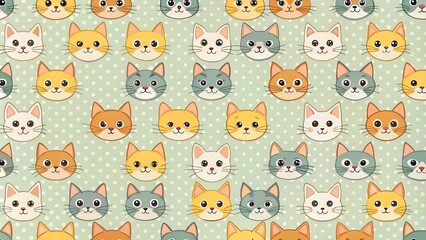 Cute cat faces seamless pattern on dotted background.