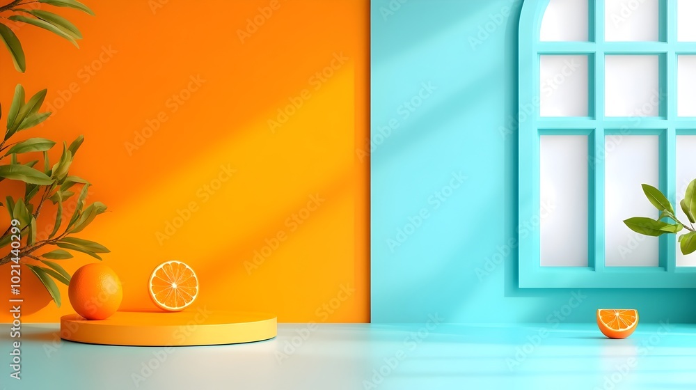 Poster saffron 3d studio room with empty floor and wall product podium shadow overlay from window to counte