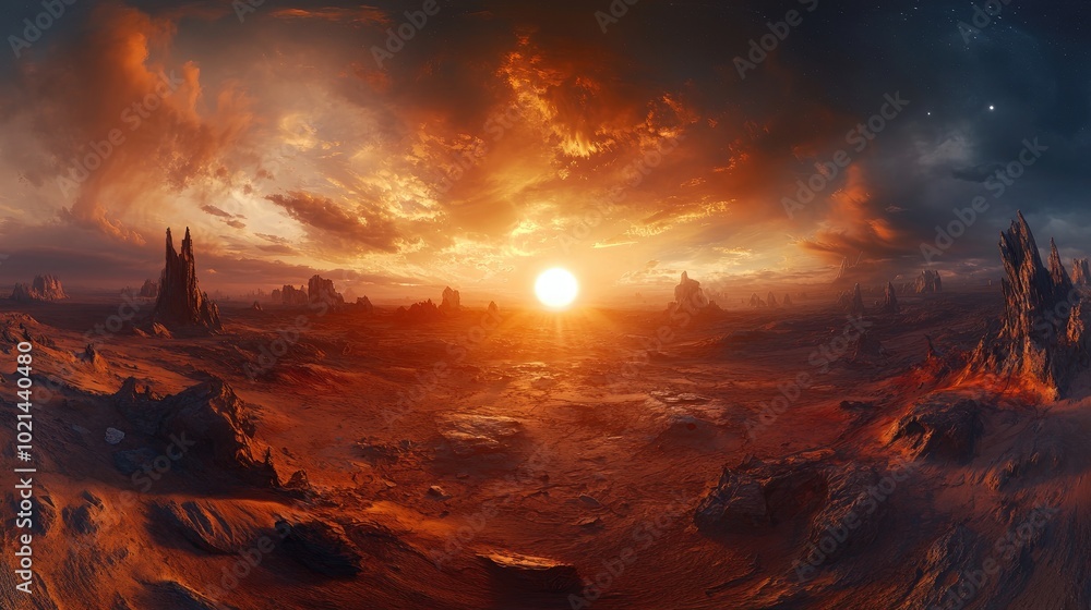 Poster 360 hdri panorama of a sunset on a distant planet unique landscape environment map equirectangular p