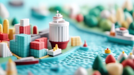 A detailed illustration of a port terminal bustling with activity, showcasing the loading and unloading of ships.