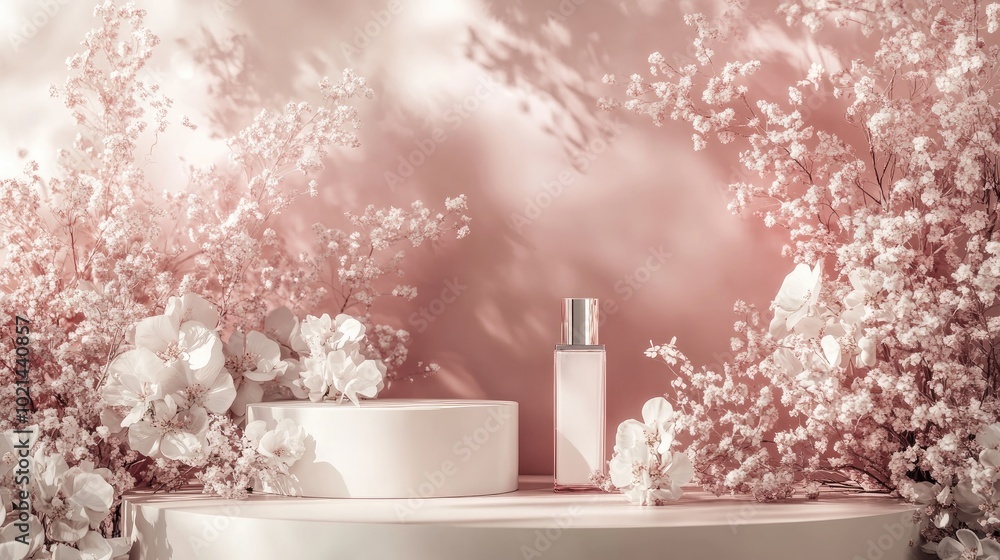Poster abstract backdrop for showcasing cosmetic products and packaging featuring vintage flowers cascading