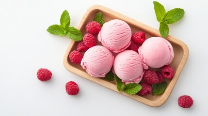 Raspberry ice cream scoops on a wooden tray, fresh raspberries, and mint leaves