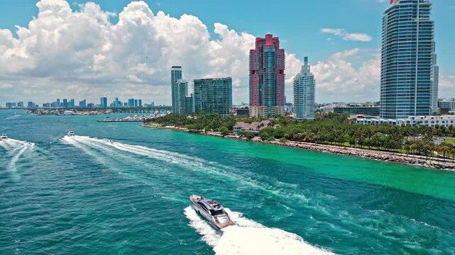 Aerial view of Miami Beach city, Florida, United States. Drone shot of Miami on sunny day. Miami Beach, aerial view. Panorama view of Miami Beach, South Beach, Florida.