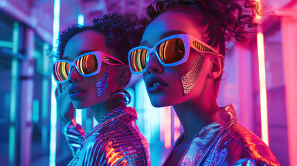 A bold fashion editorial featuring retro-futuristic outfits with metallic fabrics, oversized sunglasses, and geometric shapes, posed in a futuristic urban cityscape.