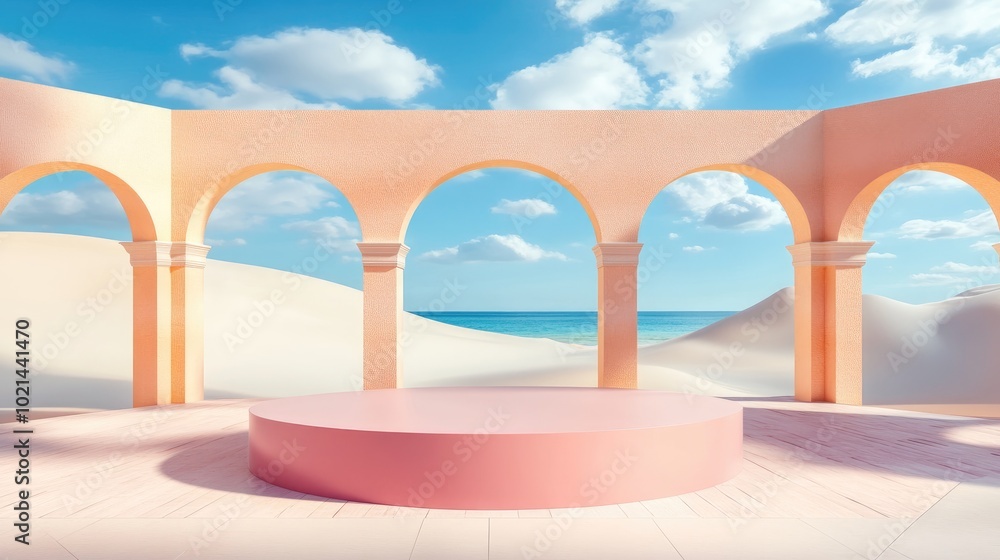 Poster 3d render of an abstract surreal pastel landscape featuring arches and a podium for product display 