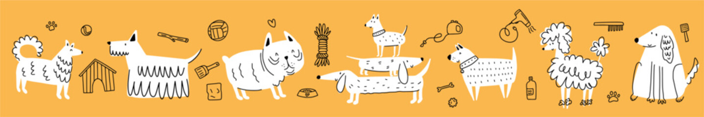 Vector horizontal illustration from a collection of different dog breeds and dog grooming items, hand-drawn in a doodle style