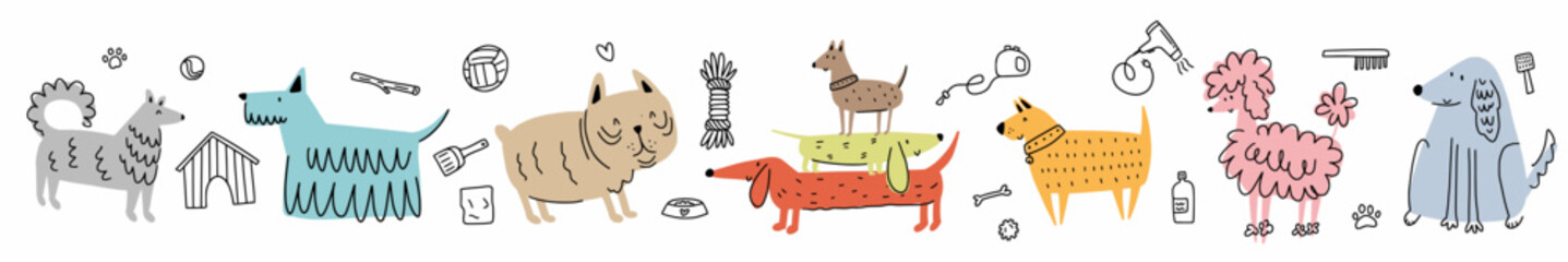 Vector horizontal illustration from a collection of different dog breeds and dog grooming items, hand-drawn in a doodle style