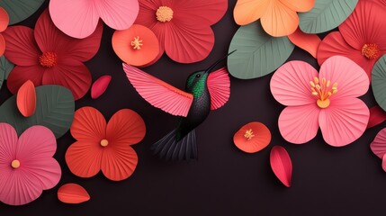 Obraz premium A vibrant hummingbird, its wings a blur of color, hovering amidst a riot of tropical flowers.