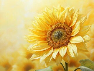 Vibrant Sunflower Bloom in Dreamy Yellow Field - Serene Floral Closeup with Painterly Effect, Ideal for Nature, Happiness, and Summer Concepts