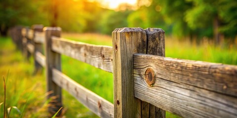 A weathered wooden fence post stands tall against a backdrop of lush green grass and a blurred background of trees bathed in warm golden sunlight.