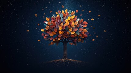A vibrant tree with colorful autumn leaves against a dark background, symbolizing change and the beauty of nature