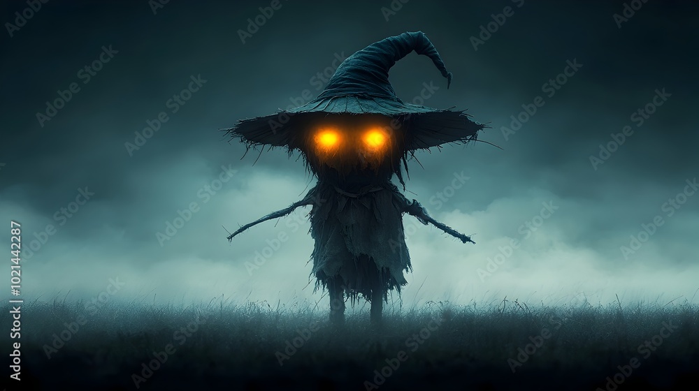 Poster ominous scarecrow standing guard in a desolate rural field its eyes glowing with an ominous light ex