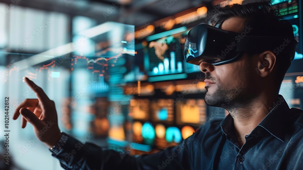 Poster a financial analyst using virtual reality goggles to view floating holographic financial reports