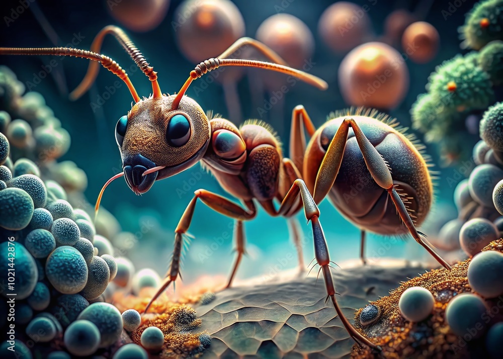 Poster incredible close-up view of an ant under electron microscope, revealing intricate details and struct