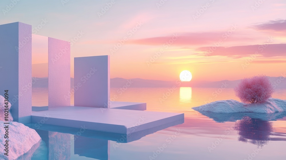 Poster 3D render of an abstract surreal pastel landscape featuring architecture and geometric shapes complemented by a stunning gradient sky and a tranquil lake surface showcasing a minimalist concept