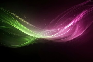 Abstract Green and Purple Curved Lines with Glowing Particles on Black Background