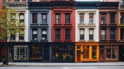Fototapeta premium Colorful Row of Historical Buildings in a Vibrant Urban Neighborhood During the Golden Hour