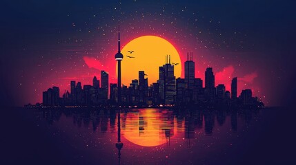 Fototapeta premium Urban Dusk Delight - Minimalistic Black Outlines of Majestic City Skyline with Playful Colors and Glowing Horizon in Retro Style Graphic Poster Illustration