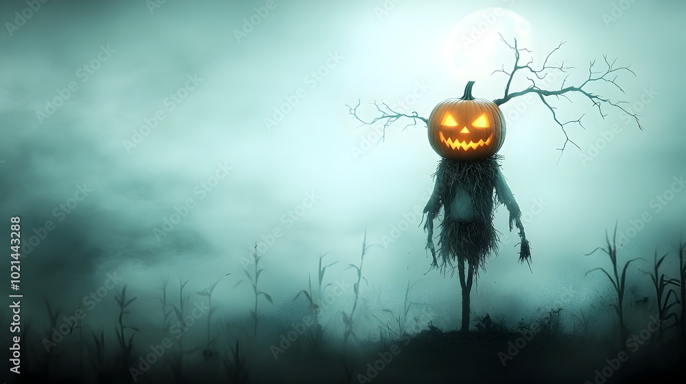 Poster a scarecrow with a carved pumpkin head standing sentinel in a field of withered corn stalks ominous 