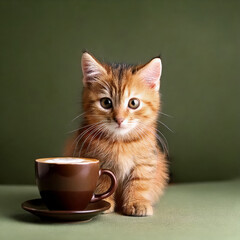 simple portrait of an orange kitten with a coffee mug latte on olive green background
