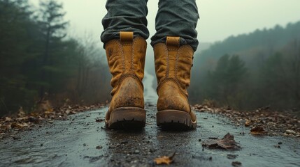 Worn Brown Boots on a Wet Path Through a Foggy Forest