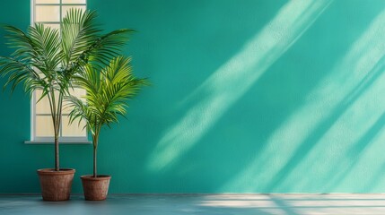 Fototapeta premium Serene Teal Minimalist Interior with Palm Plants in Sunlit Space - Peaceful Zen Home Decor Photography