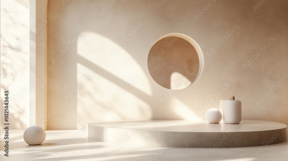 Aufkleber 3D rendering of an abstract cosmetic backdrop featuring a product An empty scene includes a cylindrical mirror and spherical lights on the floor set against a pastel cream minimal wall Ideal for a