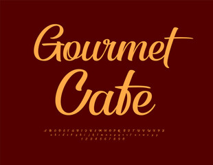 Vector stylish signboard Gourmet Cafe. Beautiful Calligraphic Font. Decorative Alphabet Letters and Numbers set.