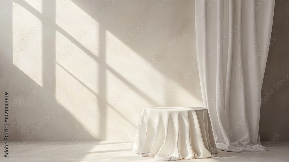 Aufkleber 3D render of an abstract monochrome beige background featuring sunlight rays A contemporary minimalistic scene with an empty podium designed for product display accompanied by a table draped in wh