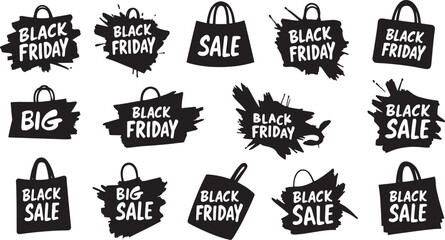 Black Friday Sale Banner or Labels Isolated on a White Background. Set of Black Shopping Bags with Splashes and Blots. Vector illustration
