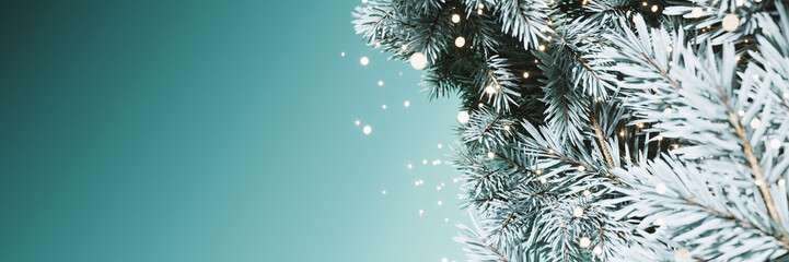 Christmas banner design. Pine tree on teal background with copy space. 3D Rendering, 3D Illustration