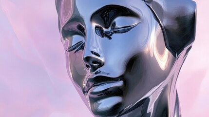 3D rendered sculpture illustration of a female figure with an anonymous face featuring a liquid chrome metal reflective piece set against a vaporwave style background
