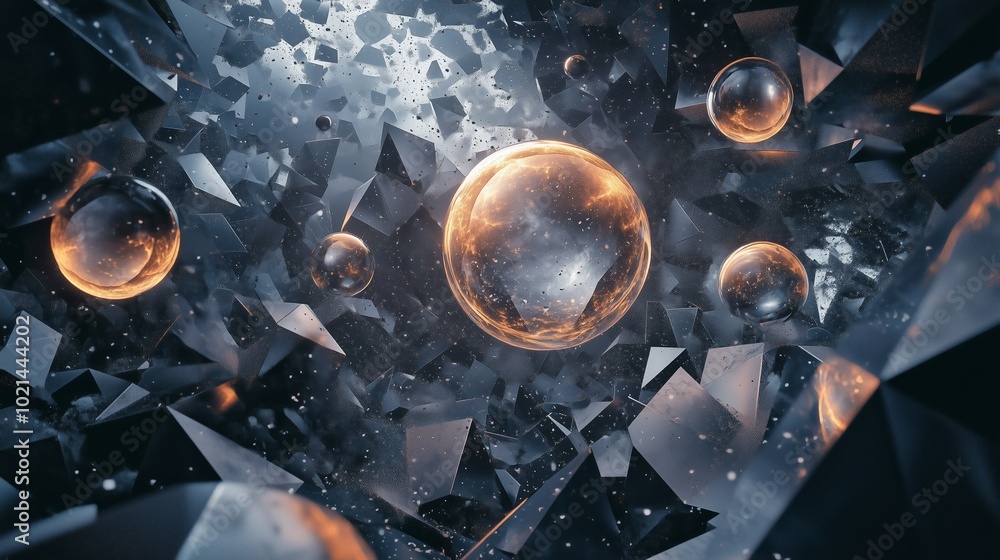 Poster a dynamic cosmic scene featuring floating spheres among dark geometric shards in a mysterious, abstr